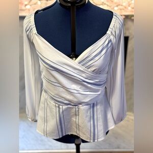 Express off the shoulder, pendulum, white with light blue stripes blouse, size L